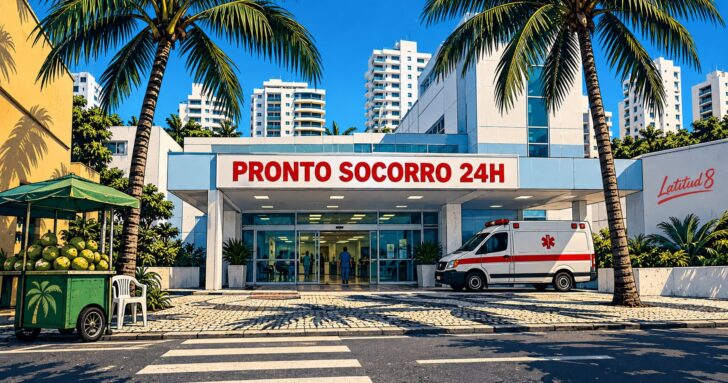 Fortaleza private hospital entrance with a red Pronto Socorro 24H sign, palm trees and Meireles towers under blue sky