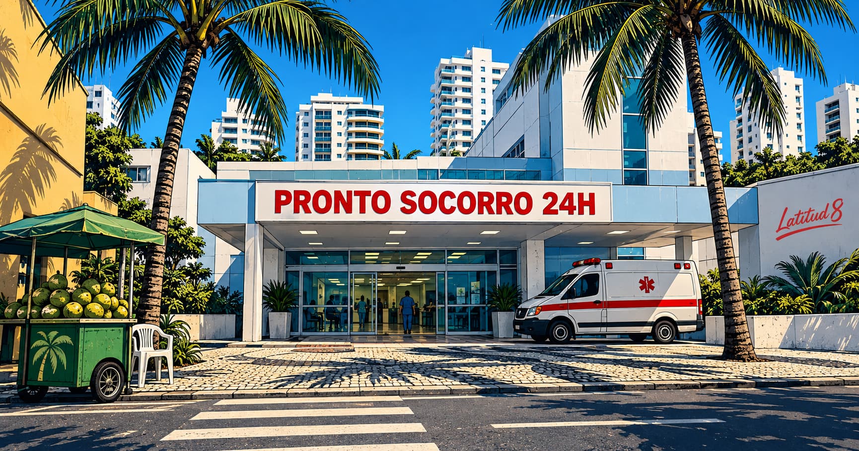 Fortaleza private hospital entrance with a red Pronto Socorro 24H sign, palm trees and Meireles towers under blue sky