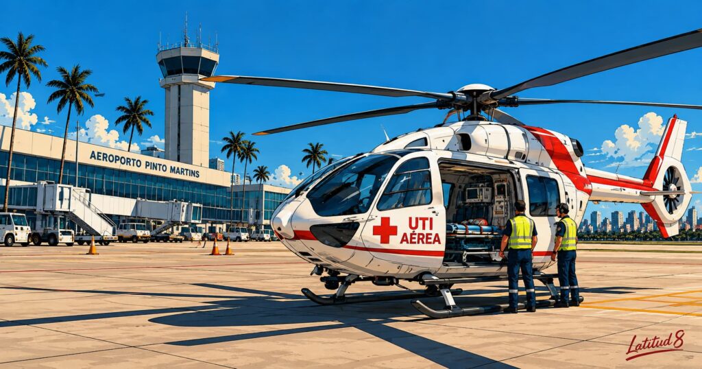 White air ambulance helicopter marked UTI Aérea on the apron at Fortaleza airport, under a hard blue sky