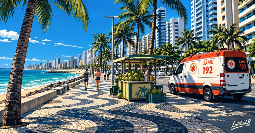 SAMU 192 ambulance parked beside the Beira Mar promenade in Fortaleza on a bright day, joggers and a kiosk nearby