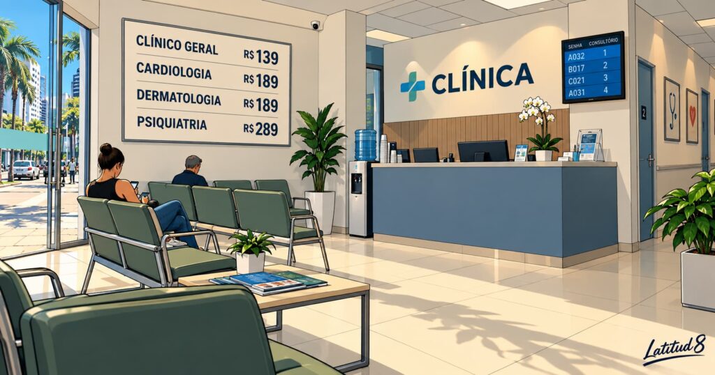Bright Fortaleza clinic waiting room with a wall price board listing Clínico Geral at R9 and specialist consultations