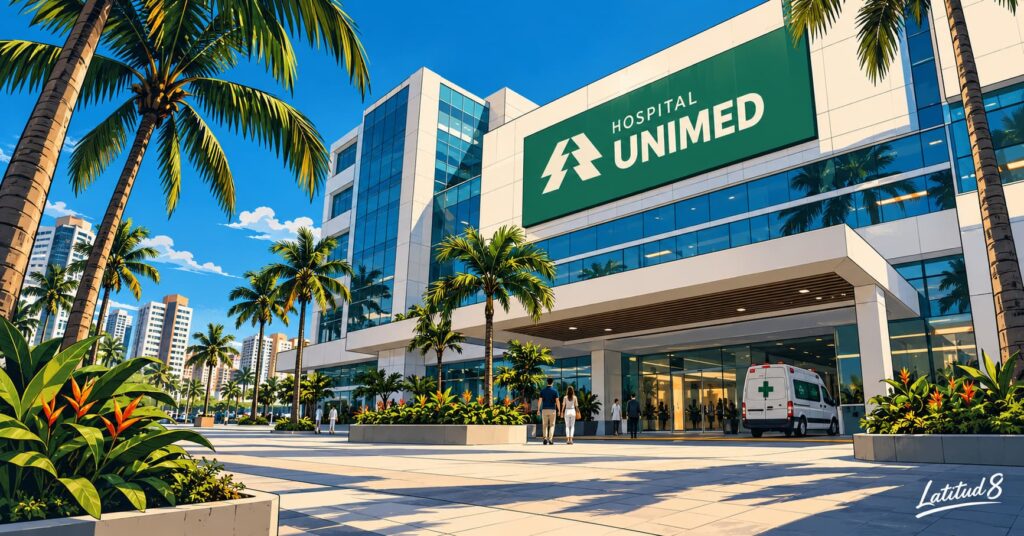 Modern Hospital Unimed Fortaleza building in bright daylight, glass and white panels framed by palms and a blue sky