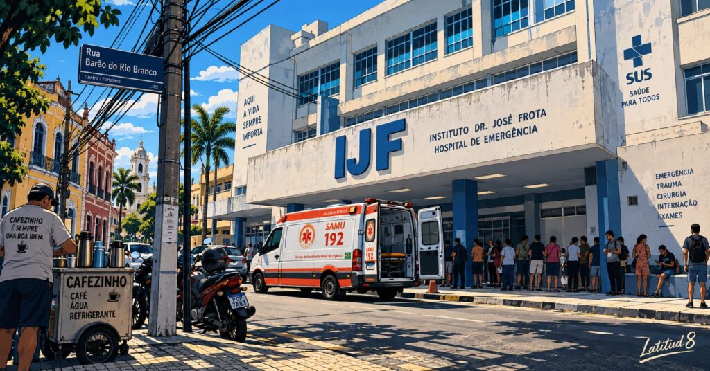 Public IJF hospital in Centro, Fortaleza, with a SAMU 192 ambulance at the kerb and patients waiting in the shade outside