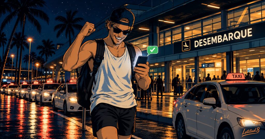 Keith outside Fortaleza airport arrivals at night with a small backpack, grinning at his phone showing a green tick