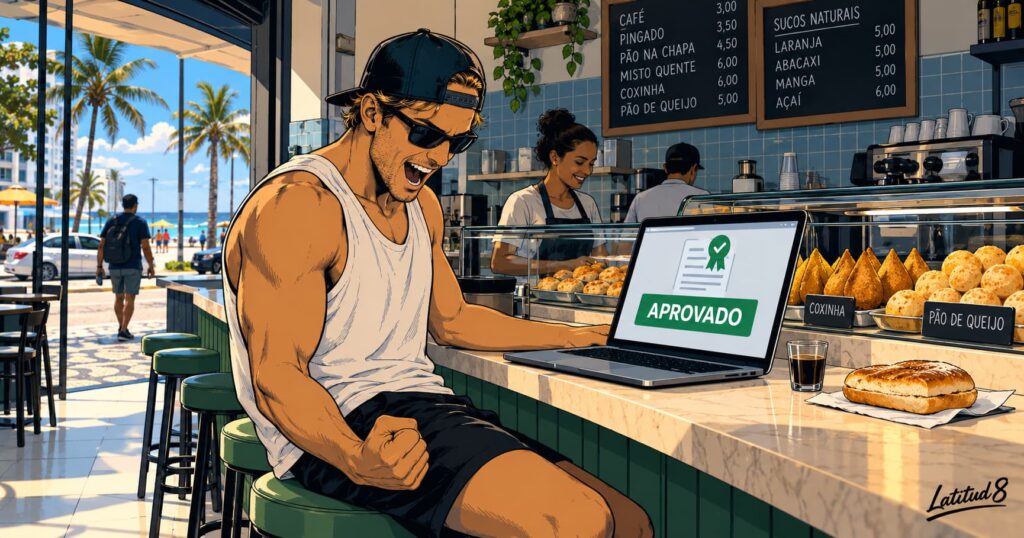 Keith fist-pumping at a Fortaleza padaria counter as his laptop shows Aprovado, cafezinho and pão na chapa beside him