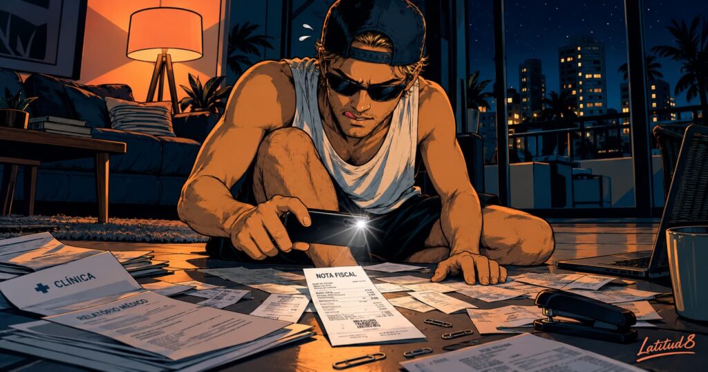 Keith crouched on an apartment floor at night photographing a nota fiscal receipt surrounded by scattered claim paperwork