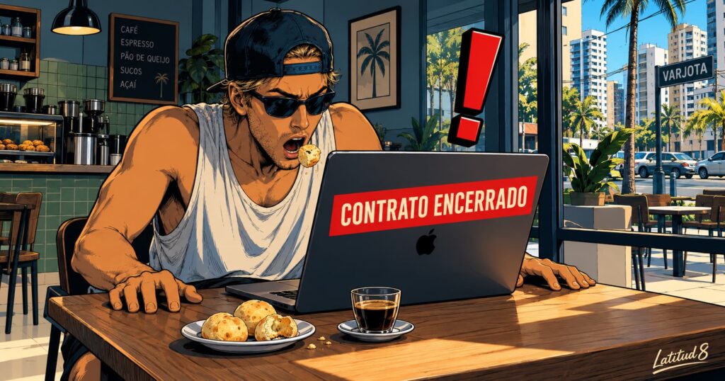 Keith at a Varjota café table, jaw dropped at a laptop screen reading Contrato Encerrado beside coffee and pão de queijo