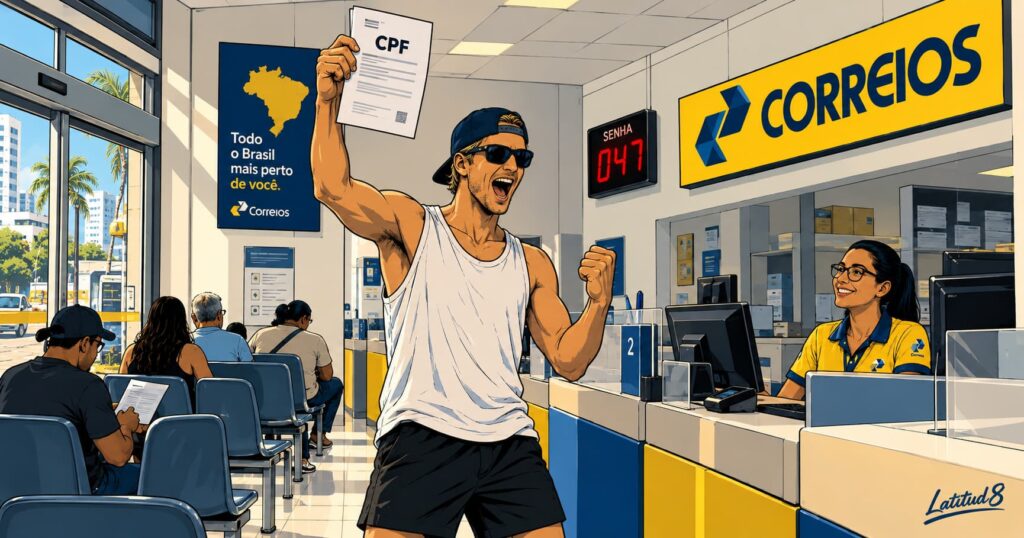 Keith at a Correios counter in Fortaleza holding his new CPF document above his head in triumph, queue ticket screen behind