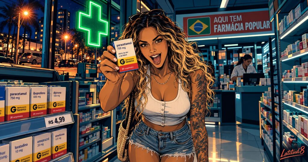 Steffany in a Fortaleza pharmacy at night holding up a generic medicine box priced R,99 under a green neon cross