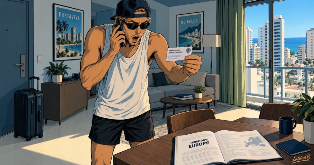 Keith in a Meireles apartment on the phone to his home insurer, holding his insurance card, jaw dropped in disbelief