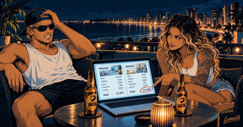 Steffany pointing at the higher insurance quote on a laptop at a Fortaleza rooftop table at night as Keith grimaces