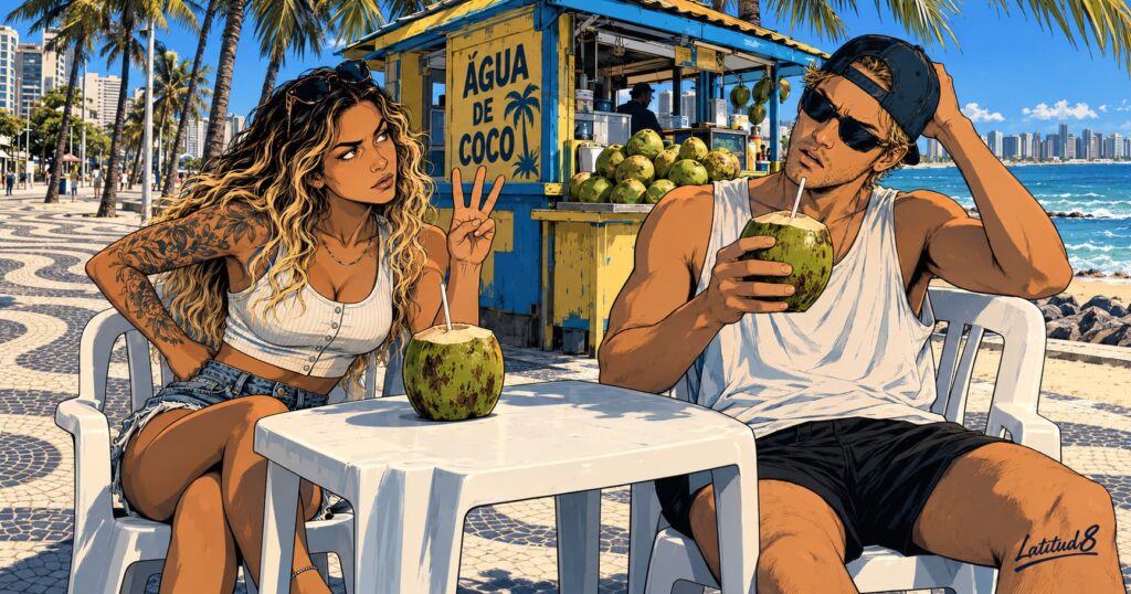 Steffany counting three fingers at a Beira Mar coconut kiosk while a confused Keith holds a green coconut with a straw