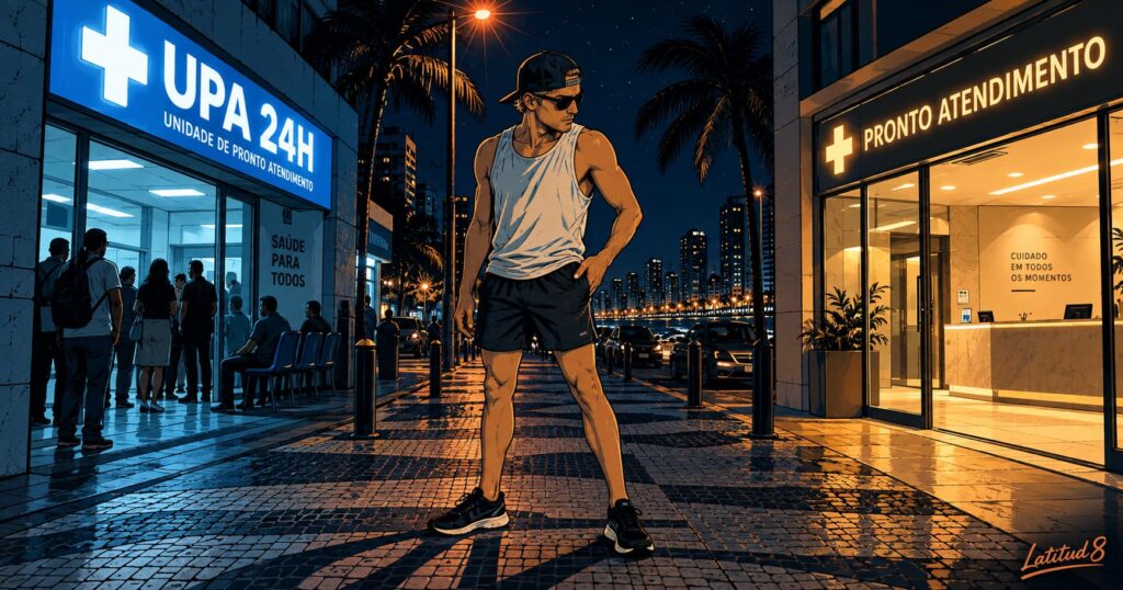 Keith on a Fortaleza street at night between a busy public UPA 24H clinic and a glass-fronted private emergency room
