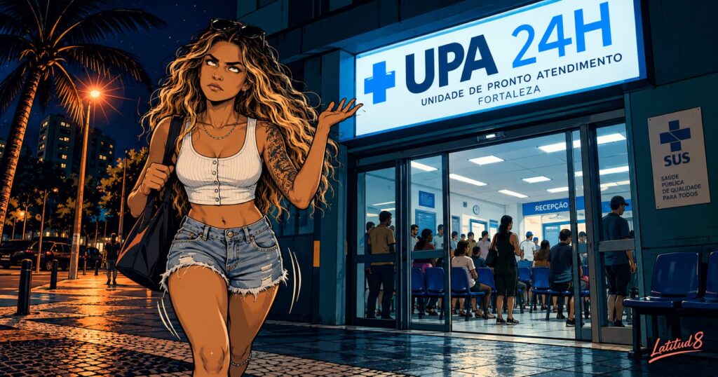 Steffany striding out of a UPA 24H clinic at night, bag on shoulder, looking back with an exasperated eye-roll