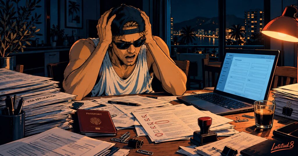 Keith at a kitchen table late at night buried in visa paperwork, a passport and stamp beside a glowing laptop screen