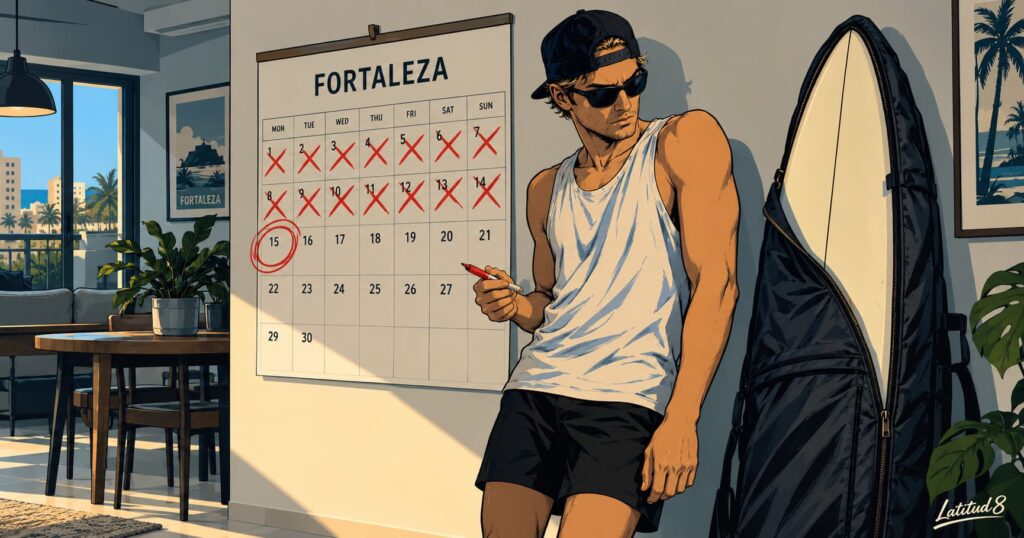 Keith eyeing a wall calendar with the first fourteen days crossed off in red, an unused surfboard leaning beside him
