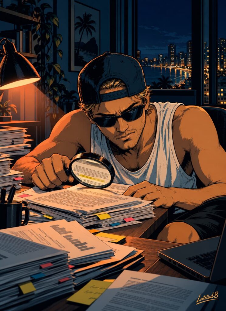Keith at a desk late at night peering through a magnifying glass at the fine print of stacked insurance policy documents