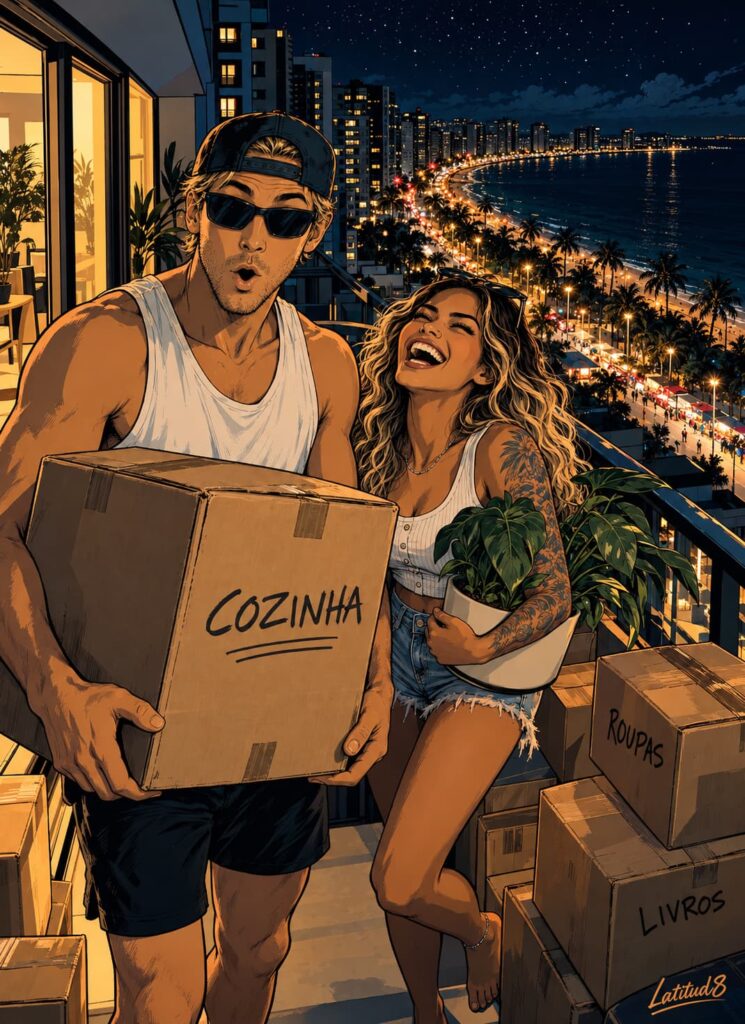 Keith frozen holding a moving box on a Meireles balcony at night while Steffany laughs, Beira Mar lights glowing below