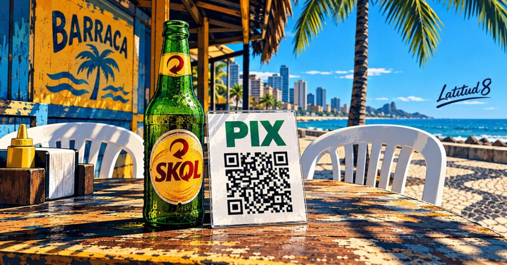 Laminated Pix QR code propped against a Skol bottle on a Beira Mar barraca table with white monobloc chairs