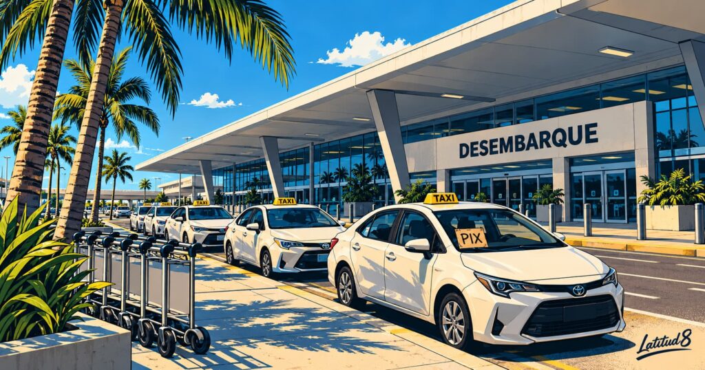 The covered arrivals kerb of a Fortaleza airport with white taxis queued beneath a bright blue sky and palms
