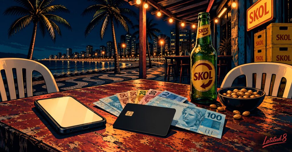Boteco table at night with a bank card, a fan of banknotes and a phone laid out like a hand of poker