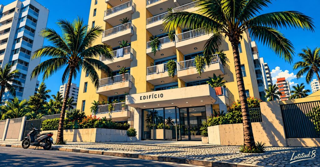 A tall Meireles apartment block with rows of balconies and a palm-lined street under a bright blue sky