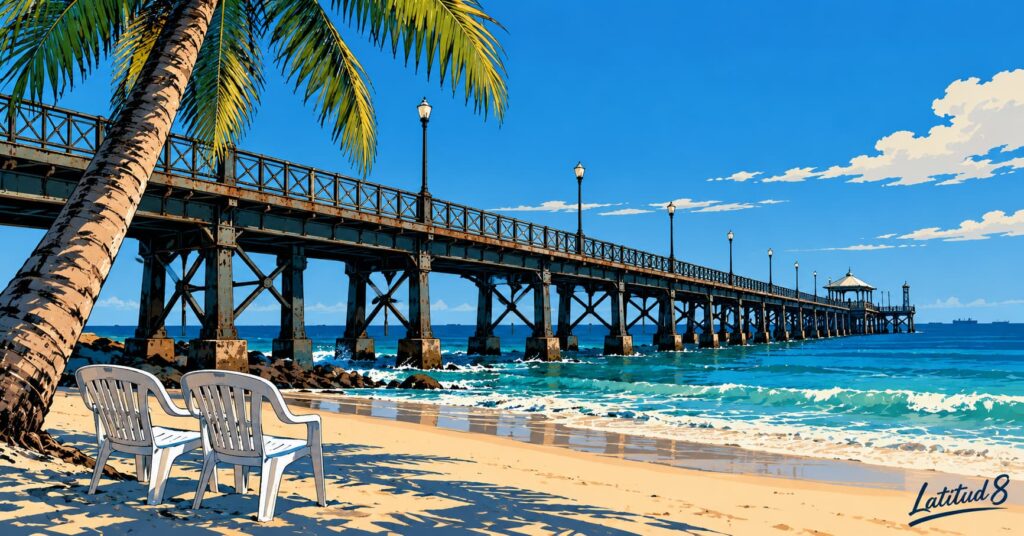 The iron Ponte Metálica pier stretching into a bright blue sea off Iracema beach on a hard sunlit day