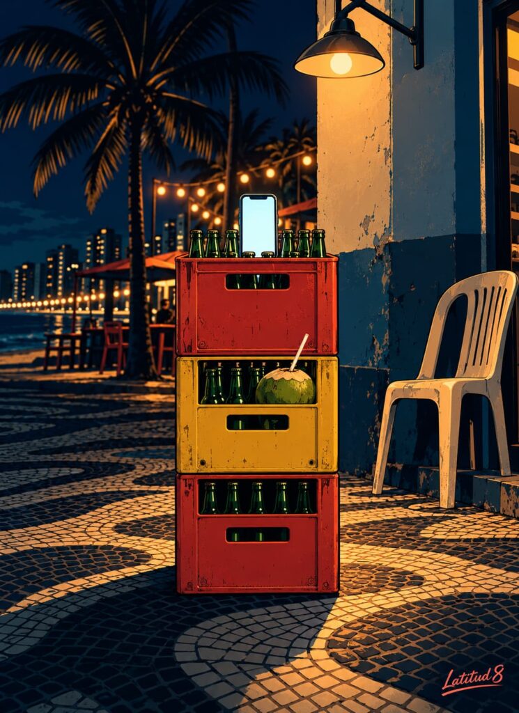 A tall tower of three green Skol crates at night with a green coconut and a glowing phone resting on top