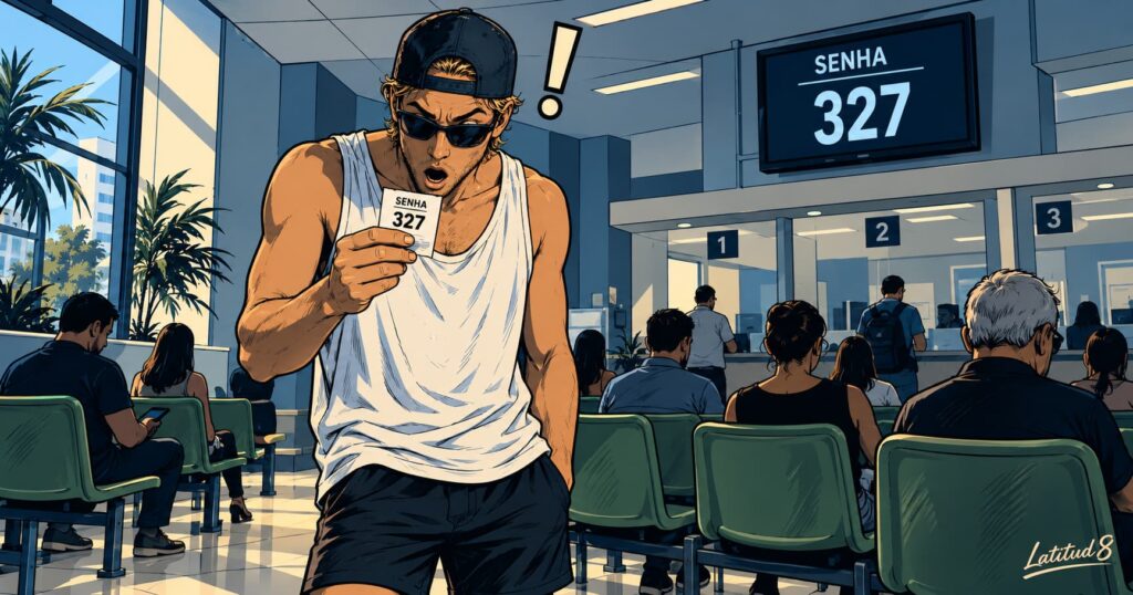Keith staring open-mouthed at a paper queue ticket in a bright bank waiting room under a digital number board