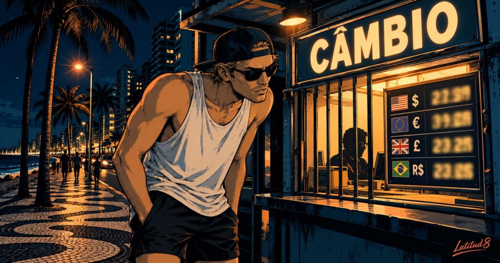 Keith squinting suspiciously at a lit CÂMBIO window with a board of rates on a dark Fortaleza street at night
