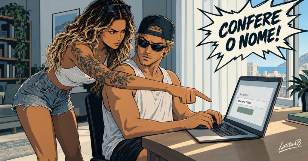 Steffany pointing firmly at a laptop screen while Keith leans in, with a bold CONFERE O NOME speech burst