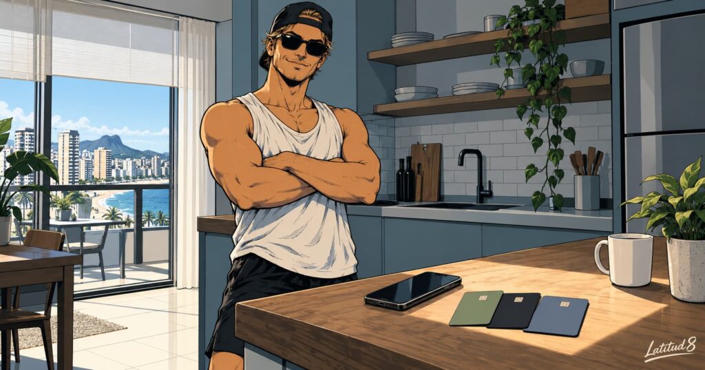 Keith leaning back at a bright kitchen counter with a phone and three bank cards fanned out, looking very pleased