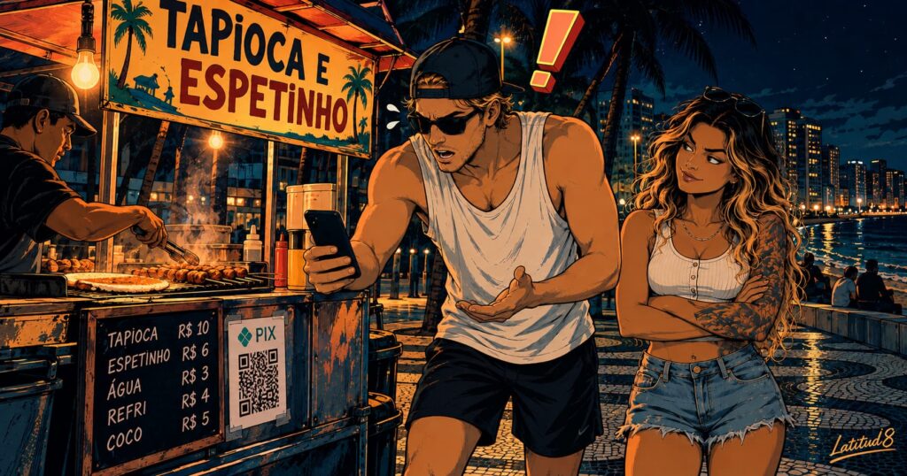 Keith holding his phone toward a Pix QR code at a night food cart while Steffany raises a dry eyebrow