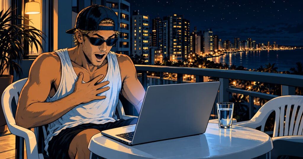 Keith on a night balcony in Meireles with a laptop showing an invoice, mouth open in delighted disbelief