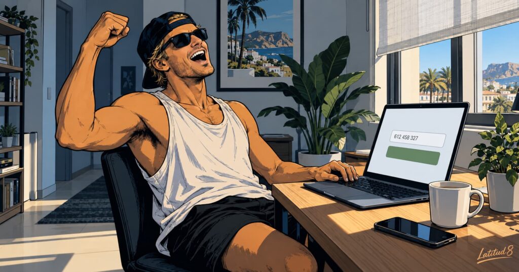 Keith laughing triumphantly at a laptop after typing a phone number as a Pix key in a bright cool-toned flat