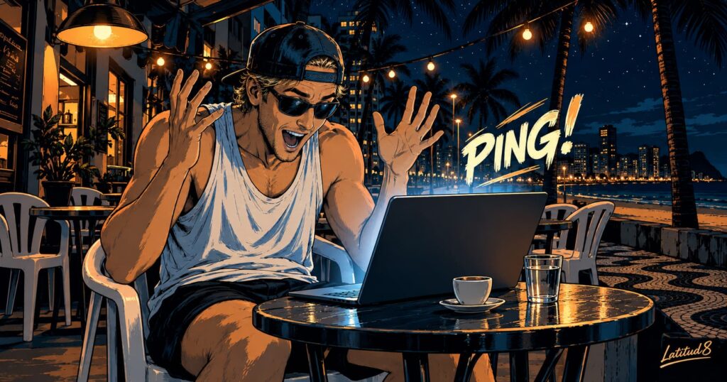 Keith at a night café table with a laptop, a notification pinging above the screen, overwhelmed with delight