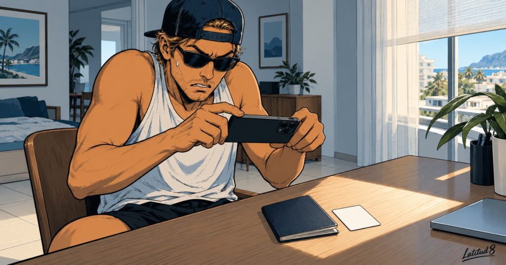 Keith photographing his passport with his phone at a wooden desk, eyes wide, in a cool-toned bright apartment