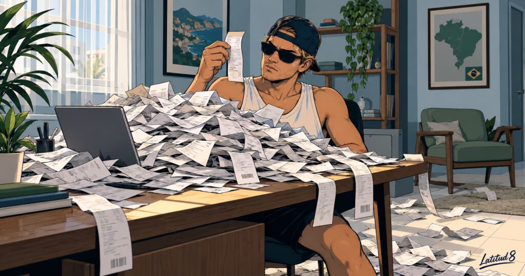 Keith peering over a towering pile of paper receipts on a bright desk, squinting at one slip in his hand