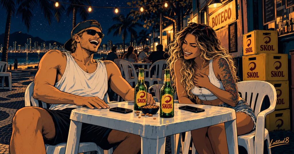 Keith and Steffany laughing over two Skol bottles at a night boteco table with their phones lying face down