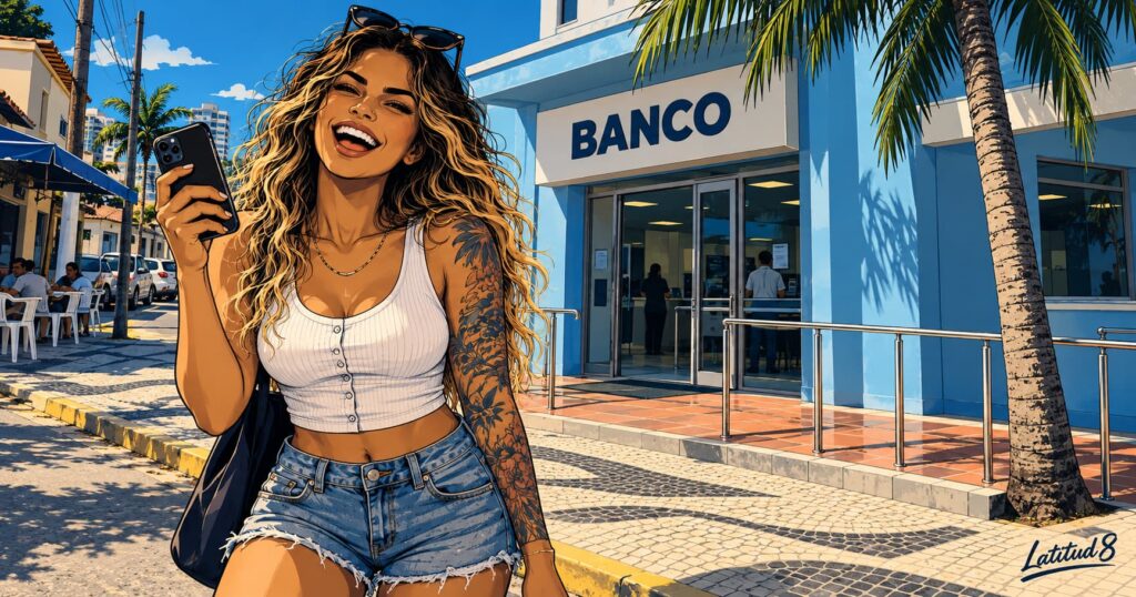 Steffany laughing outside a pale blue bank branch on a bright street, phone in hand, palm tree beside the door