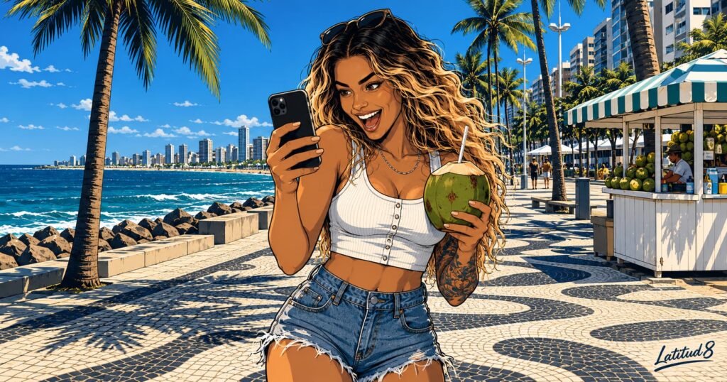 Steffany on the Beira Mar promenade holding a coconut and her phone, beaming at the screen under a bright blue sky