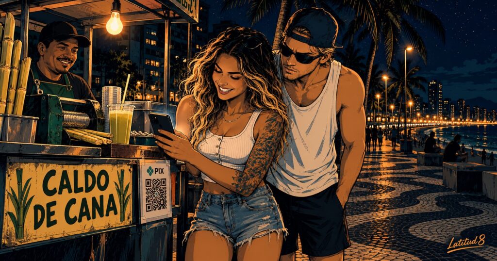 Steffany scanning a Pix QR code at a night food cart under a bulb while Keith watches with open envy