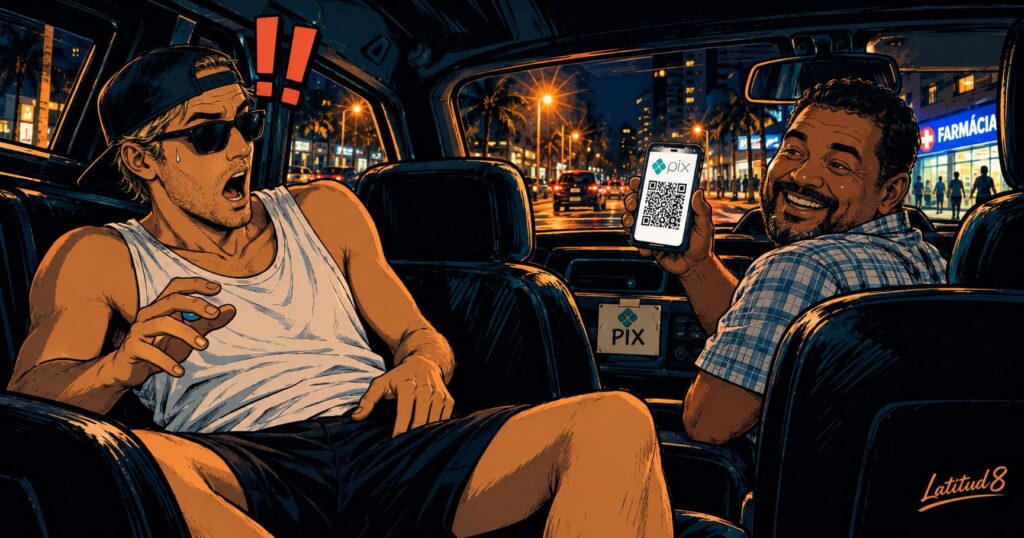 Keith in the back seat of a night taxi, jaw dropped, as the driver holds up a phone showing a Pix QR code
