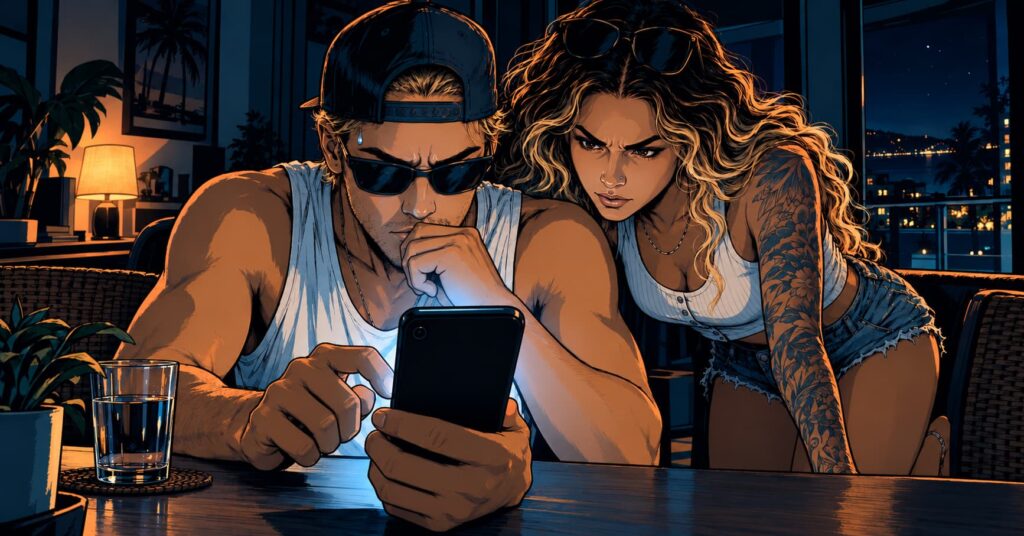 Keith’s thumb hovering over a glowing confirm button while Steffany leans in beside him with a fierce focused stare
