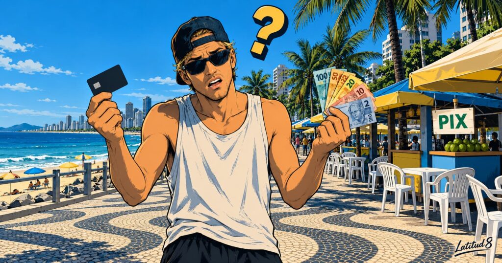 Keith on the beachfront holding a bank card in one hand and a fistful of banknotes in the other, bewildered