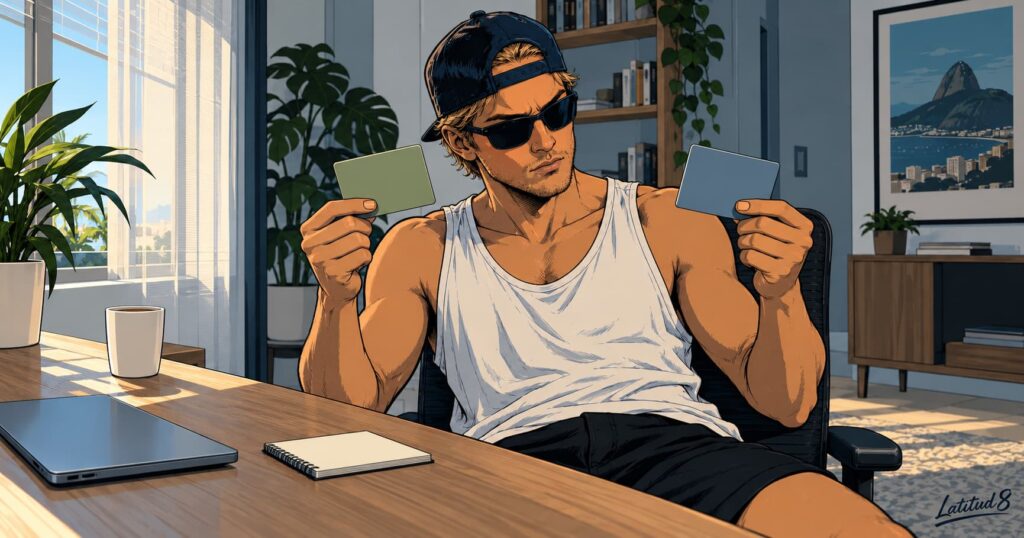 Keith at a bright desk holding a blank card in each hand, squinting between them as he decides which to pick