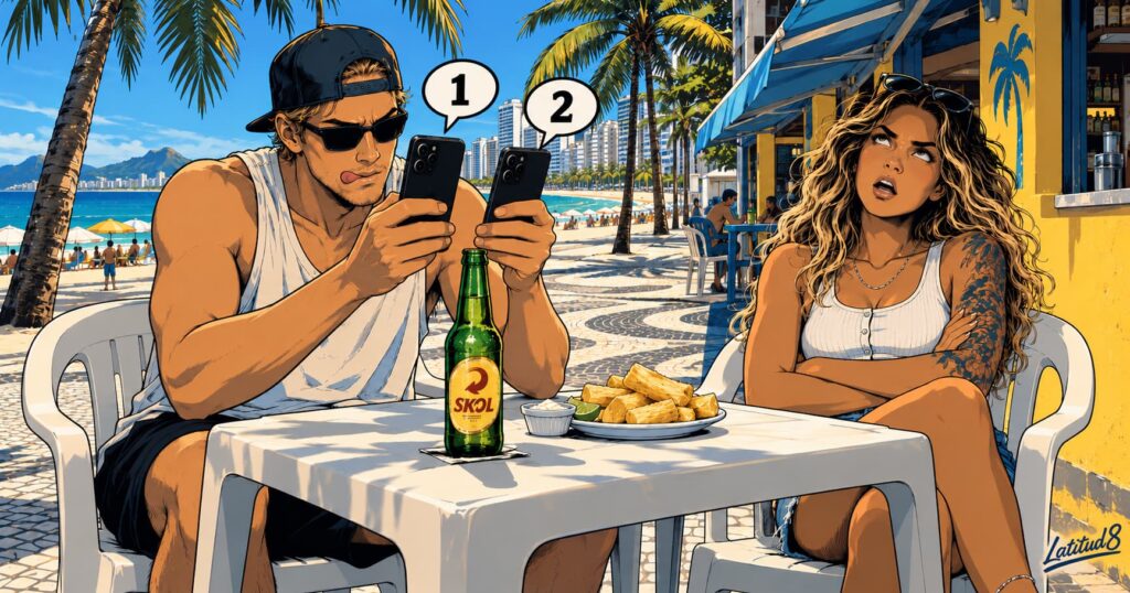 Keith holding two phones side by side at a beach barraca table while Steffany folds her arms in mock exasperation