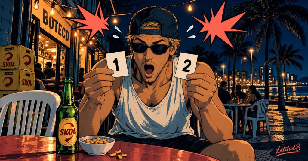 Keith at a night boteco table holding two paper receipts, jaw dropped, with impact stars bursting beside him