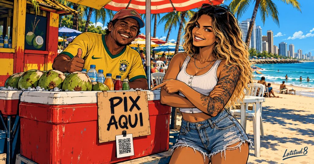 Steffany grinning with one eyebrow raised beside a beach vendor’s cooler with a hand-lettered PIX AQUI sign