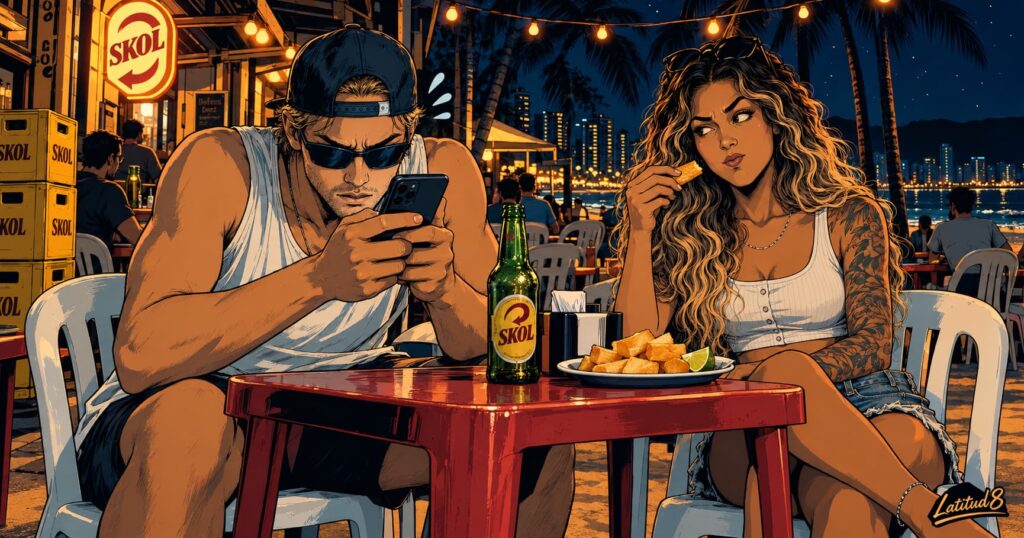 Keith sweating over his phone at a night boteco table while Steffany calmly eats fried cassava beside him